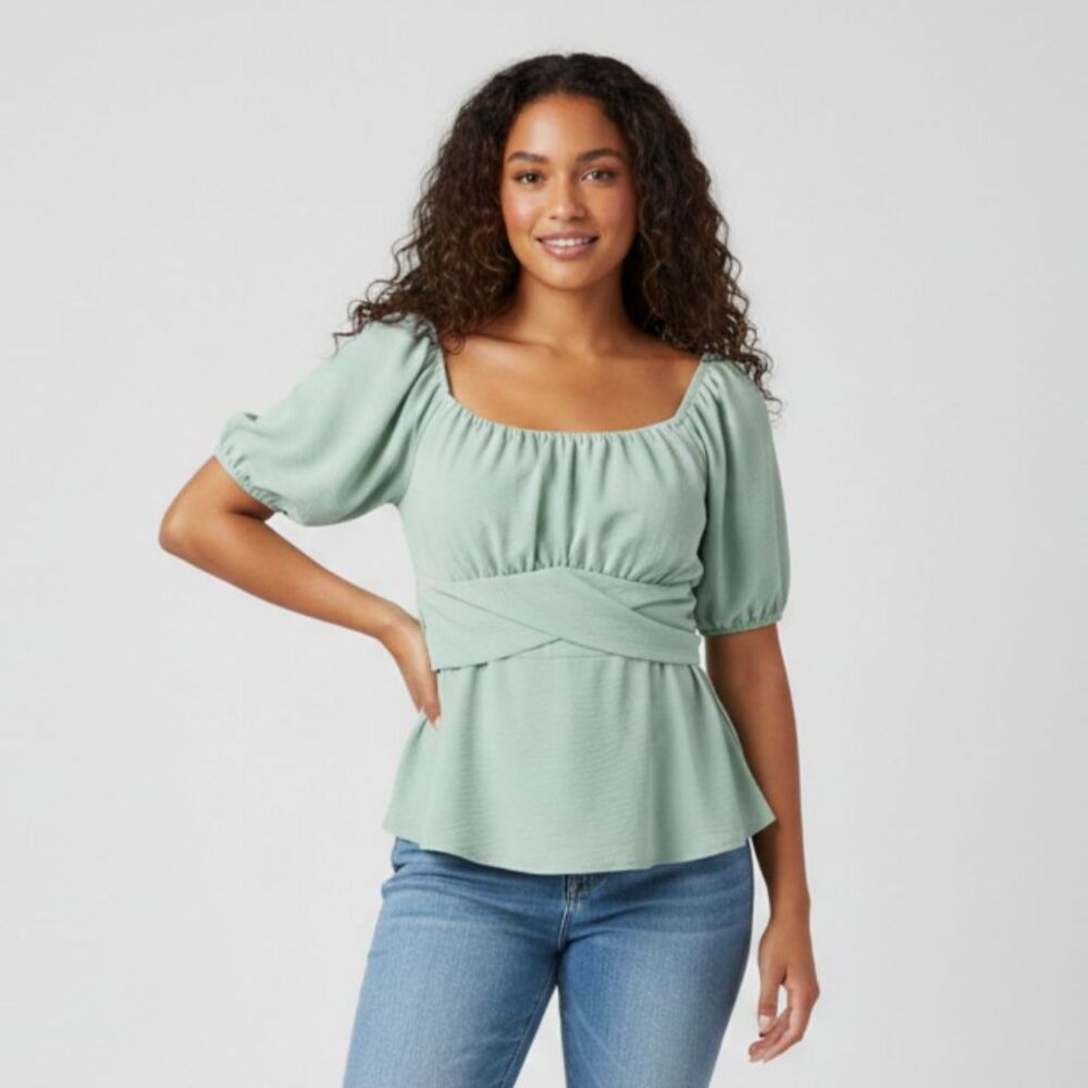 Altar'd State Women’s Boho Green Peplum Blouse Pastel Summer Tie Back Top  S